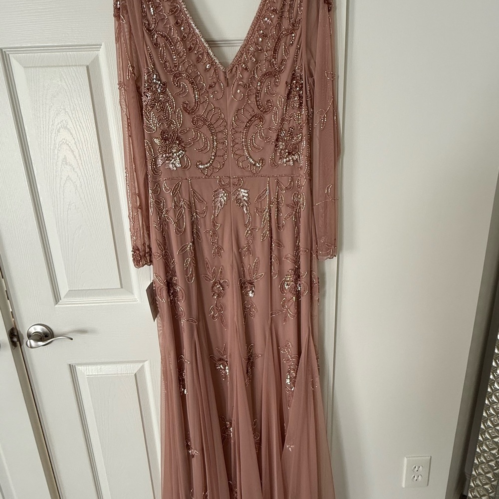 Adrianna Papell Rose Gold Embellished Long Sleeve Gown